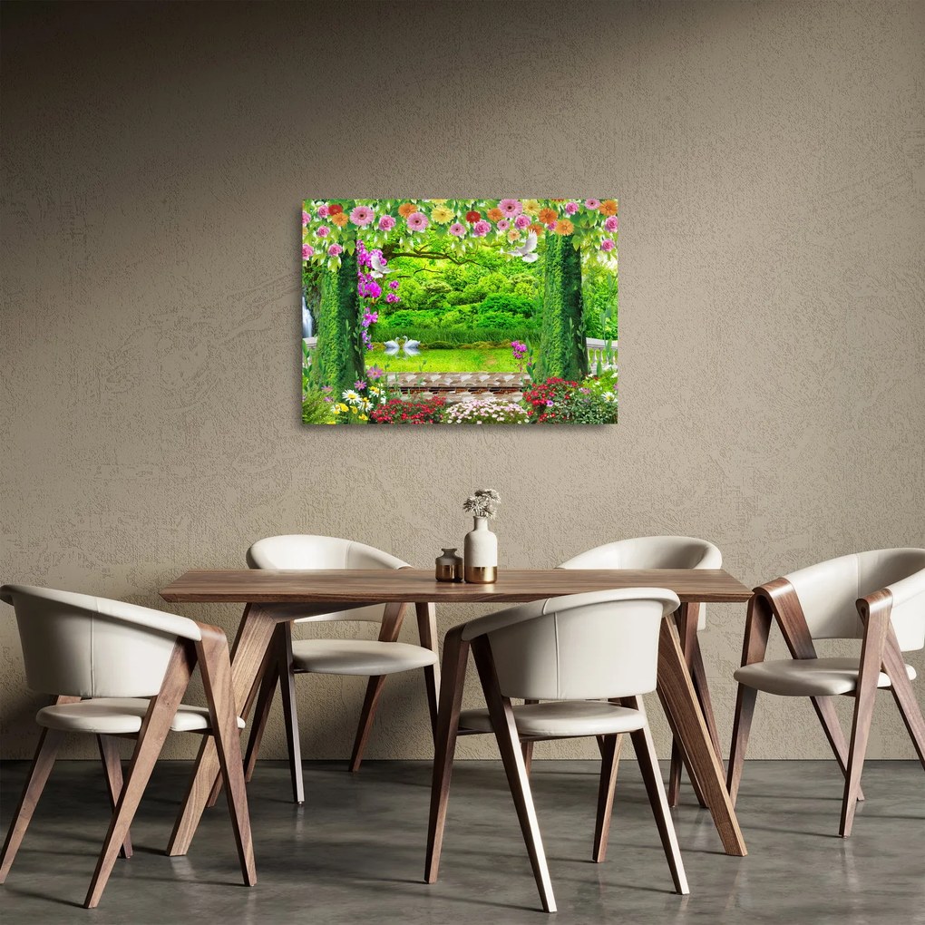 Sklenený obraz - Čarovná záhrada s labuťami (70x50 cm)
