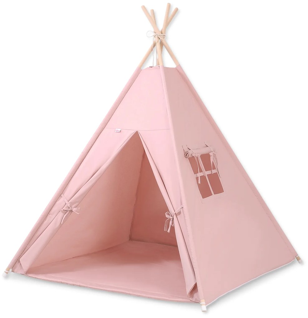 Bobono Stan Teepee pre deti + podložka na hranie + ozdobné pierka - pastelovo ružová