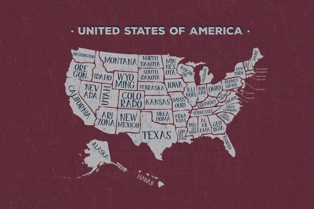 Tapeta náučná mapa USA s bordovým pozadím - 375x250