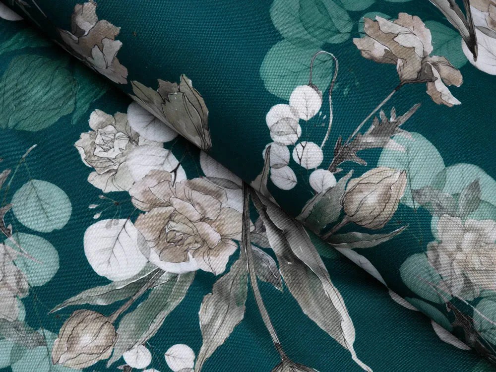 Biante Dekoračná obliečka na vankúš TF-058 Kvety s eukalyptom na tmavo zelenom 35 x 45 cm
