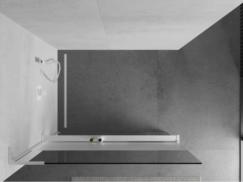 Mexen Kioto+ L, sprchová zástena Walk-In s poličkou a vešiakom 120 x 200 cm, 8mm číre sklo-námraza, biely profil, 800-120-123-20-35