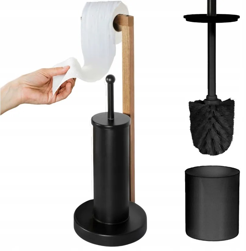 Erga Aurora Small Black, toaletná WC kefa s dreveným držiakom na WC papier na postavenie 19x19x56 cm, hnedá-čierna, ERG-SEP-1340STLAZSBLA
