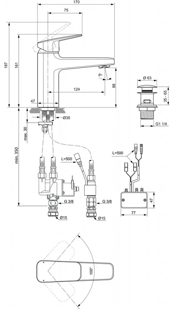 Ideal Standard Ceraplan iX - Umývadlová batéria senzorová s pákou s Click Clack odtokom, čierna matná BD283XG