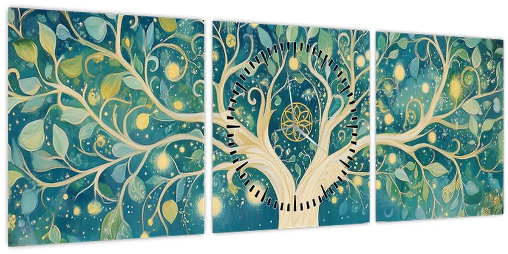 Obraz – Magický strom so špirálami (s hodinami) (90x30 cm)