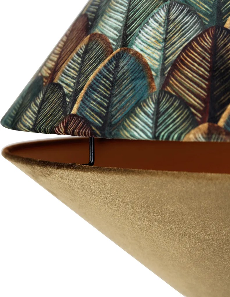 Mosadzná oblúková lampa s dvojitým zamatovým tienidlom s dizajnom listov a béžovou farbou - XXL