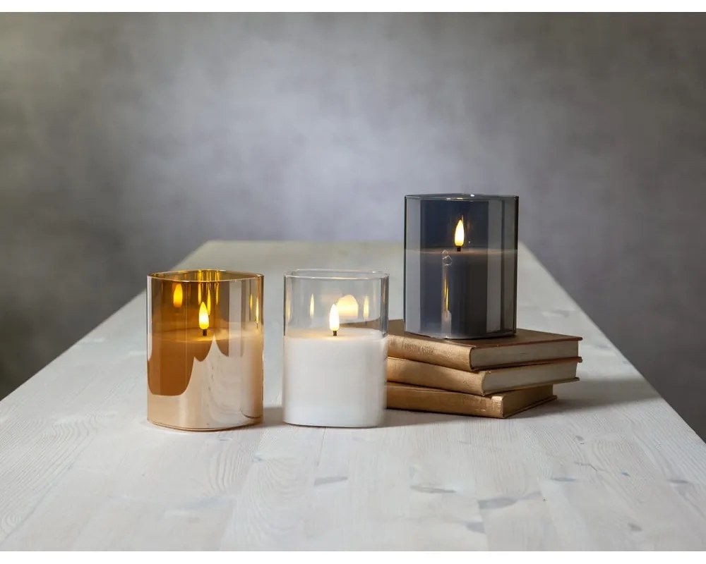 Sivá LED vosková sviečka v skle Star Trading Flamme, výška 12,5 cm