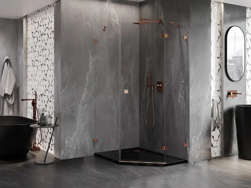 Mexen Lunar, päťuholníkový sprchový kút s pravým sklonom 90 x 100 cm, 8mm číre sklo, profil ružové zlato, 831-090P-100L-60-00-P