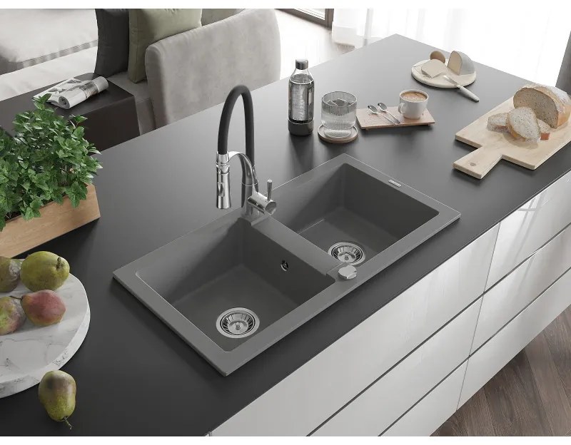 Mexen Mario, granitový drez 820x436x161 mm, 2-komorový a drezová batéria Aster, šedá, 6504-71-73450-07