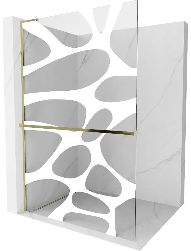 Mexen Kioto+ L, sprchová zástena Walk-In s poličkou a vešiakom 120 x 200 cm, 8mm číre sklo biely vzor, zlatý lesklý profil,800-120-123-50-97