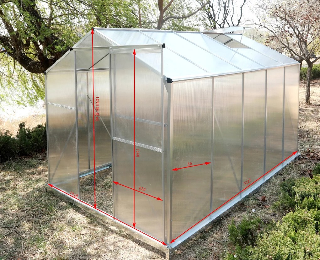 Skleník so základňou BestBerg BBGH-1006S / 5,95 m² / 313 × 190 × 194 cm / strieborná