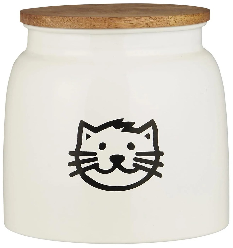 Biela kovová dóza na krmivo pre mačky s dreveným vekom CAT FOOD