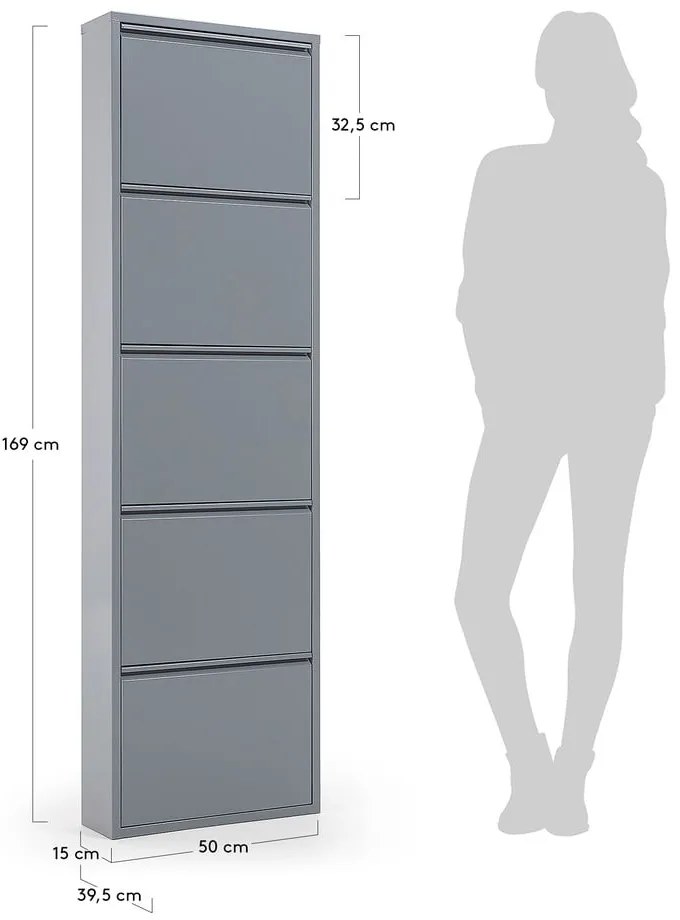 Sivá kovová skrinka na topánky s 5 výklopnými zásuvkami Kave Home Rox