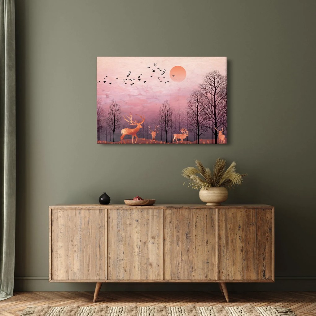 Obraz - Jelene v žiare zapadajúceho slnka (90x60 cm)