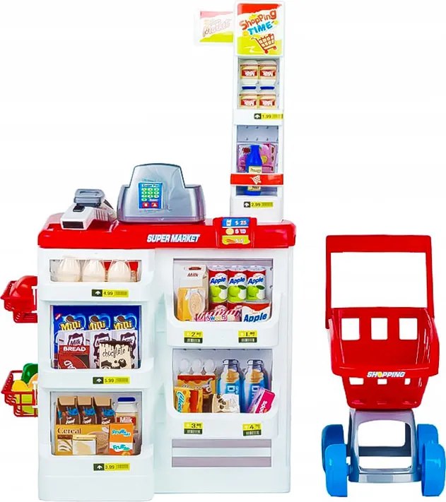 MULTISTORE Detský supermarket s pokladňou, skenerom, váhou a nákupným vozíkom, 47 dielov