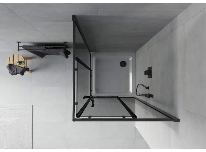 Mexen Rio, štvorcový sprchovací kút s posuvnými dverami 90(dvere) x 90(dvere) x 190 cm, 6mm šedé sklo, čierny profil + biela sprchová vanička SLIM, 860-090-090-70-40-4010B