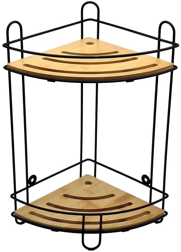 Rohová kúpeľňová polica, dvojitá, čierno-bambusová