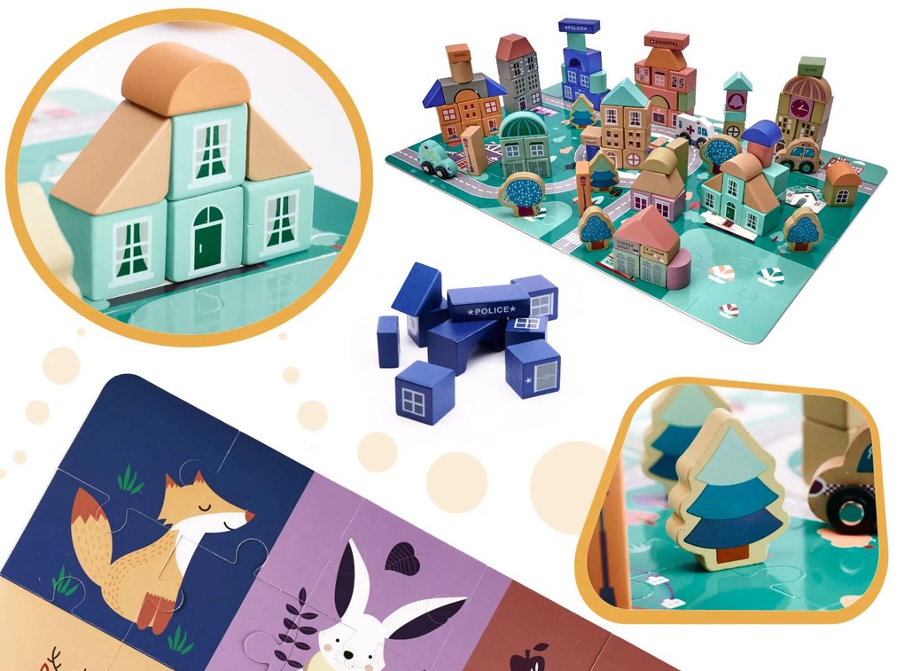 Drevené vzdelávacie kocky s puzzle podložkou – mesto | 181ks