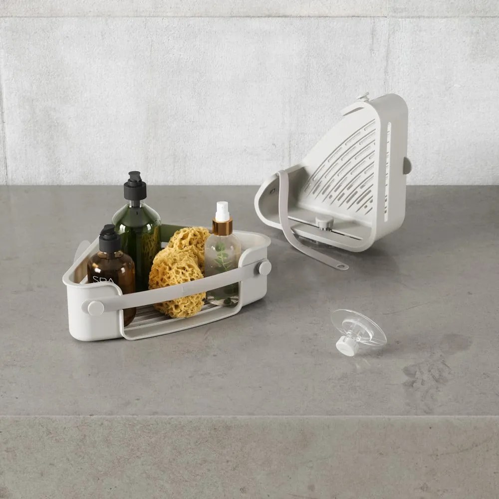 Sivá rohová samodržiaca kúpeľňová polička z recyklovaného plastu Flex Adhesive – Umbra