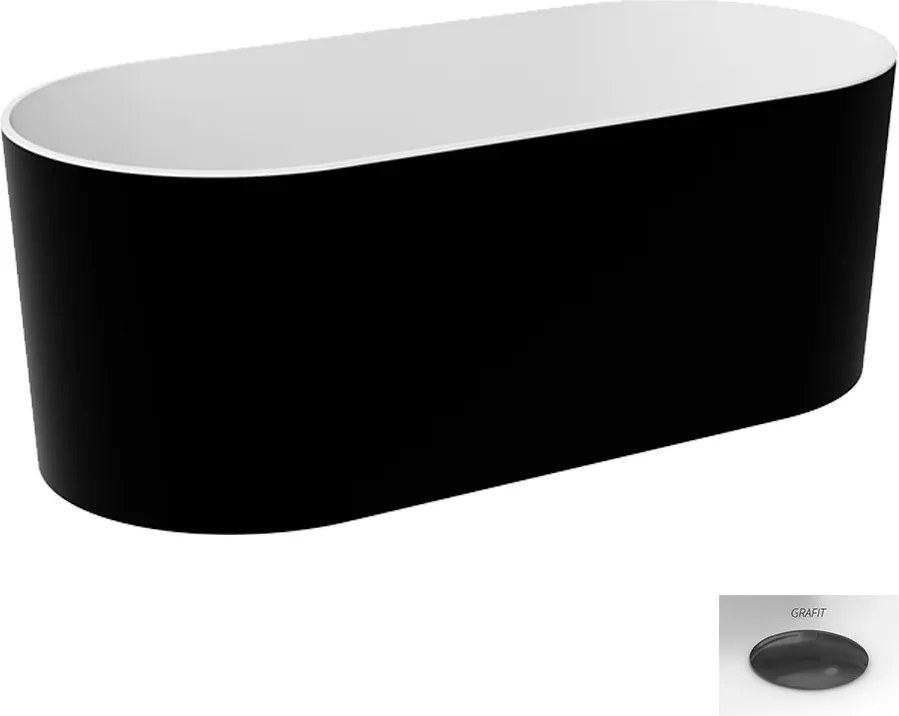 Besco Voľne stojaca vaňa z liateho mramoru Lova BW Matt 160x74, biela lesk/čierna mat BESCO-Typ výpuste: Click-Clack štandard, chróm