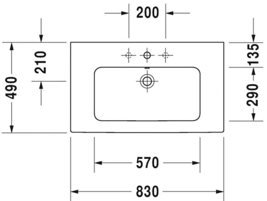 Duravit ME by Starck - Umývadlo 830x490 mm, 3 otvory pre batériu prepichnuté, biela 2336830030