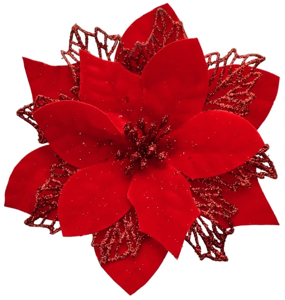 Vianočná dekorácia Poinsettia so štipcom červená, súprava 6 ks