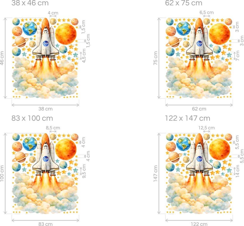 Kozmická raketa NASA textilná preliepateľná nálepka na stenu arch 38 x 46 cm