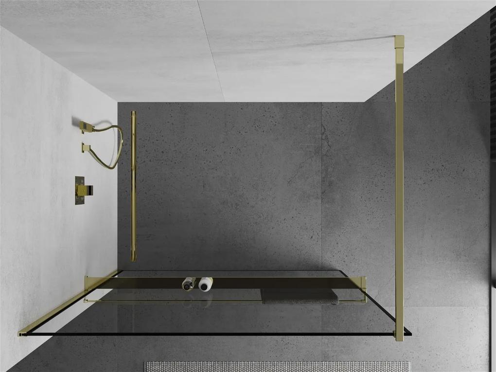 Mexen Kioto+, sprchová zástena s poličkou a držiakom na uteráky 90 x 200 cm, 8mm číre sklo vzor čierny rám, zlatý profil, 800-090-121-50-70