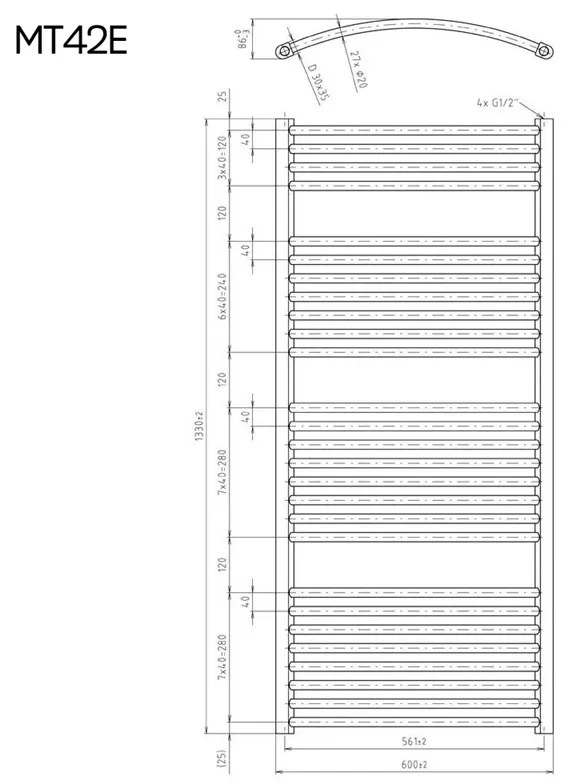 Mereo, Vykurovací rebrík oblý 600x1690 mm, biely, elektrický, MER-MT43E