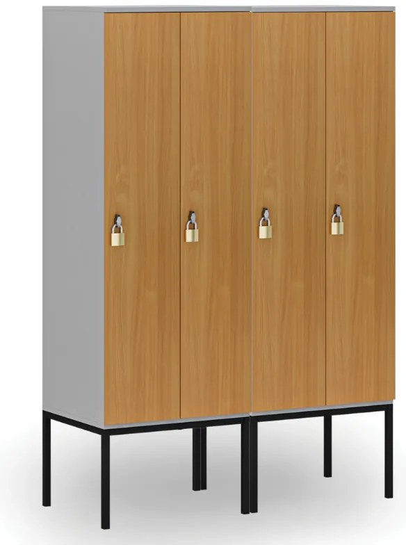 Drevená šatníková skrinka S4 s podnožou, 2 oddiely, 1871 x 600 x 500 mm, demont, otočný zámok, sivá/zelená