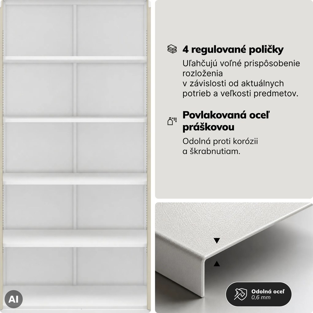 Kovová skriňa s vitrínou biela, dub sonoma, 900x1850x400 mm: AMELIA Eco Design