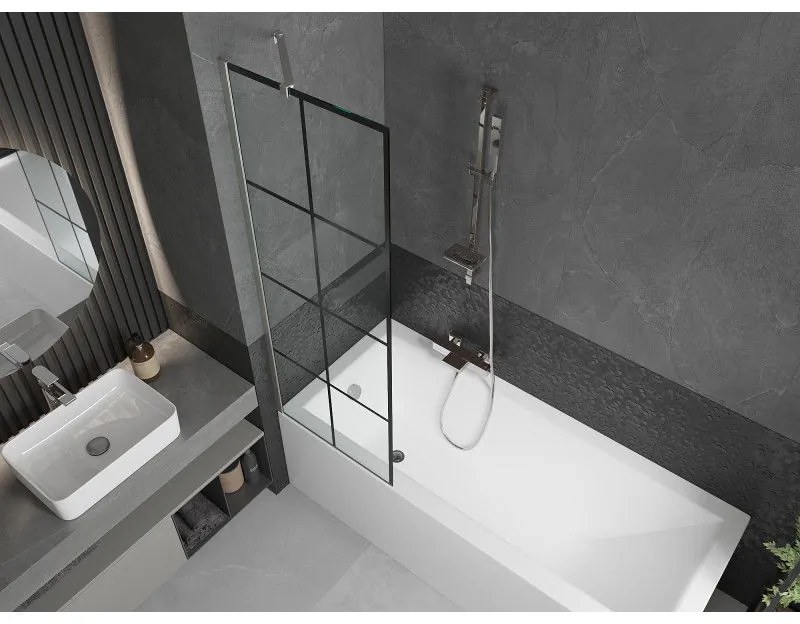 Mexen Next, 1-krídlová vaňová zástena 60 x 150 cm, 6mm číre sklo - čierny vzor, oceľová, 895-060-000-00-77-97