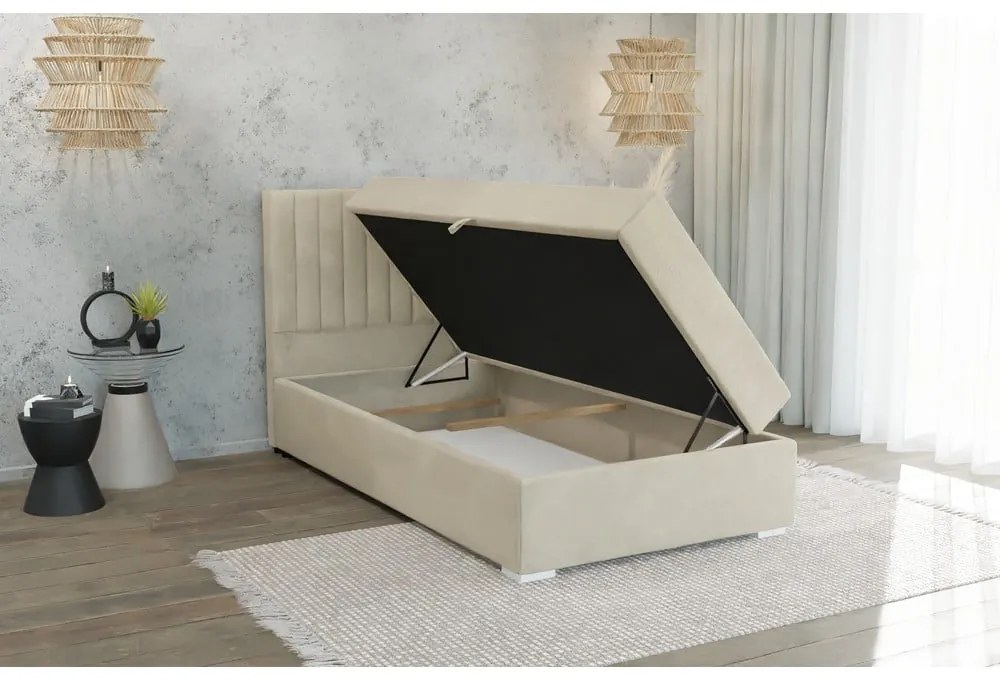 Béžová čalúnená jednolôžková posteľ s úložným priestorom s roštom 100x200 cm Bunny – Ropez