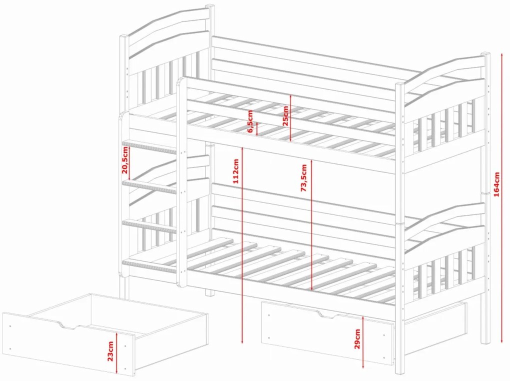 Detská poschodová posteľ z masívu borovice GABINA so zásuvkami 200x90 cm - biela