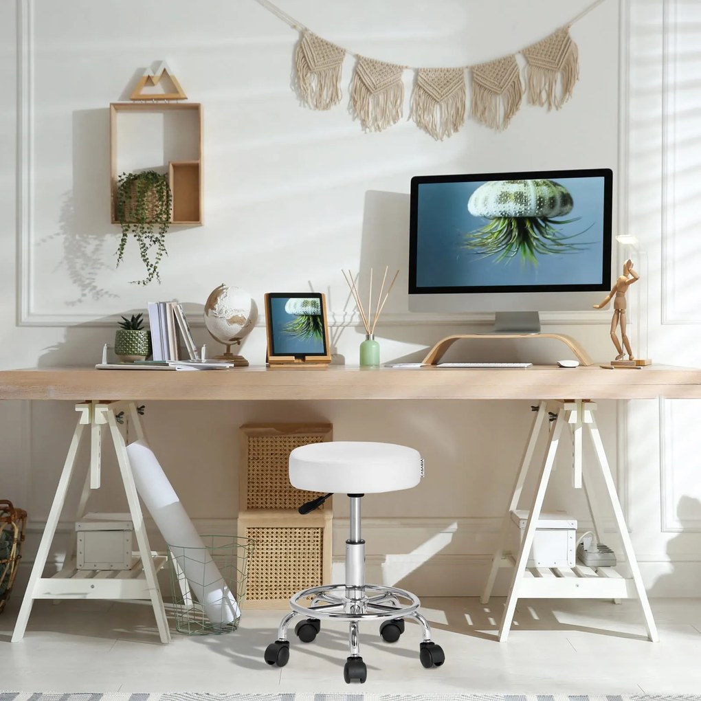 Taburetka na kolieskach OXANA s opierkou na nohy, Ø35cm, biela Casaria