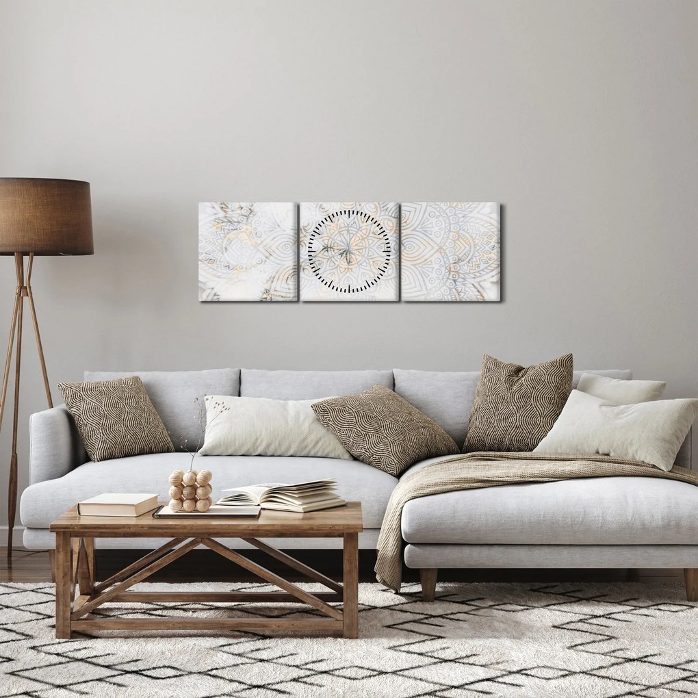 Obraz bielej mandaly (s hodinami) (90x30 cm)