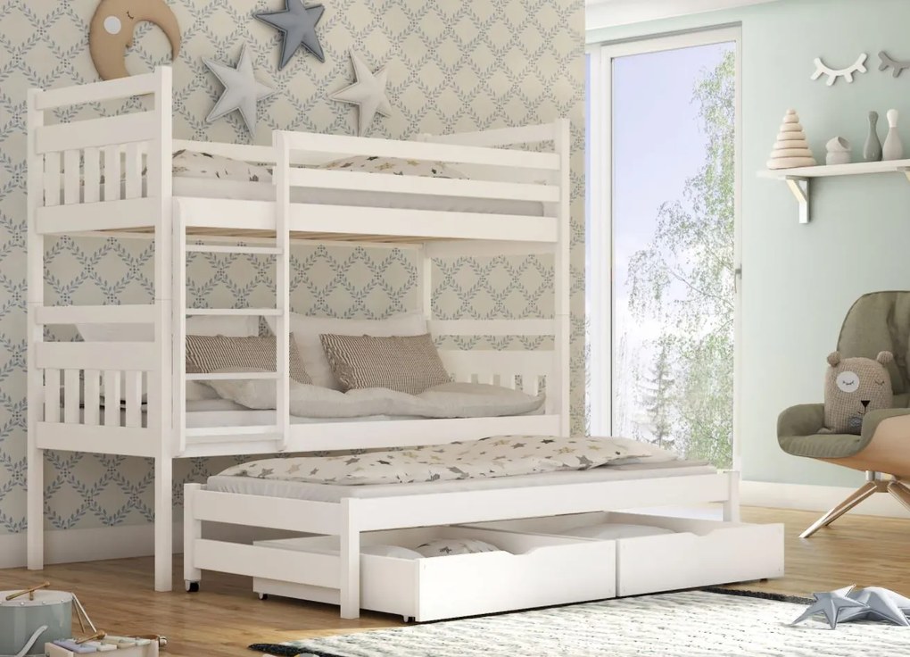 Detská poschodová posteľ z masívu borovice SEVERUS s prístelkou a šuplíky - 200x90 cm - prírodná