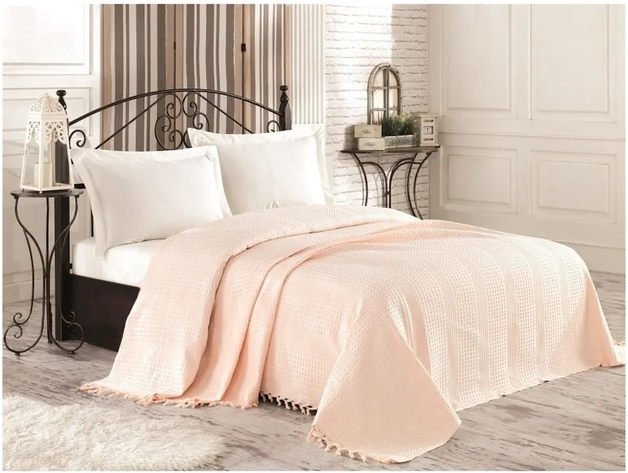 Krémová bavlnená prikrývka cez posteľ na dvojlôžko Tarra, 220 × 240 cm