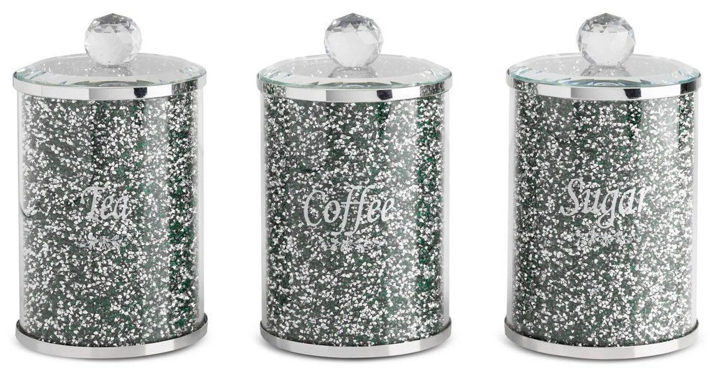 SADA 3KS NÁDOB NA ČAJ, CUKOR A KÁVU POKRYTÁ KRIŠTAĽIKMI 10x10x17 CM ZELENÁ/STRIEBORNÁ
