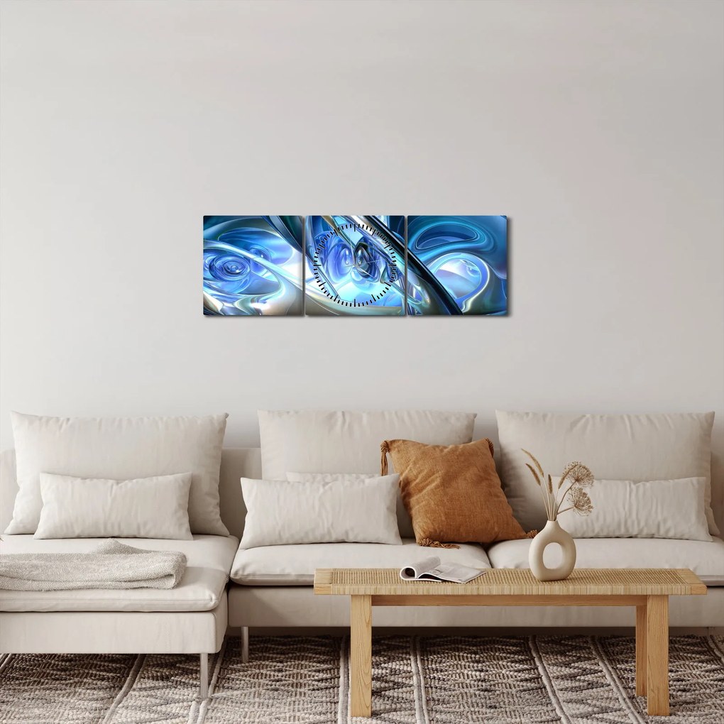 Obraz modrých fraktálov (s hodinami) (90x30 cm)