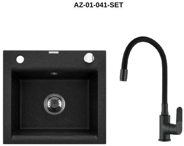 Invena Tesalia, 1-komorový granitový drez 440x400x160 mm a drezová batéria Joga Plus, čierna škvrnitá, INV-AZ-01-041-SET