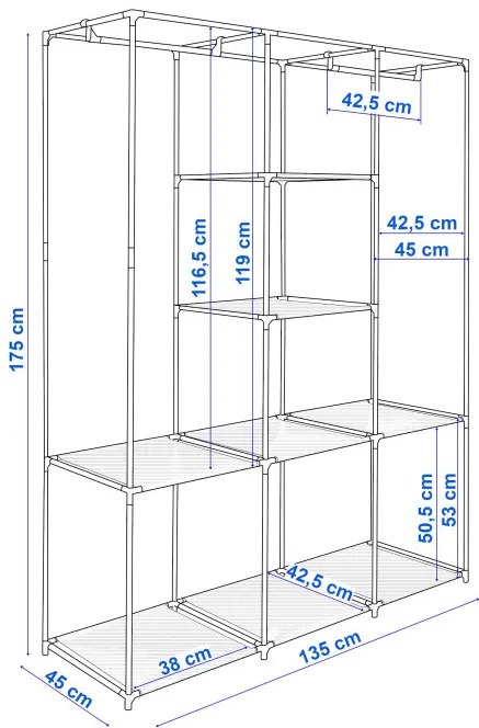 Šatníková skriňa SONIA s 8 policami a sivým závesom
