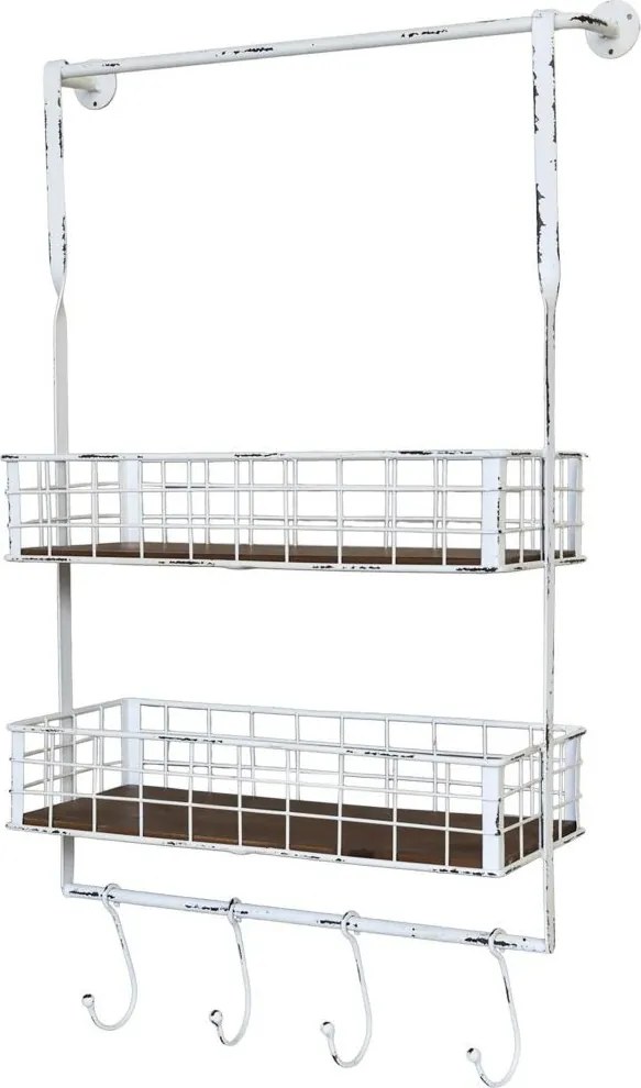 Krémová antik kovová nástenná polička s háčikmi Old Shelf - 48*18*77 cm