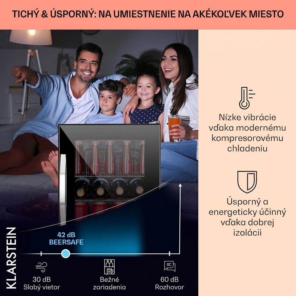 Klarstein Beersafe M Onyx, chladnička, energet. trieda C, LED, 2 kovové police, sklenené dvierka