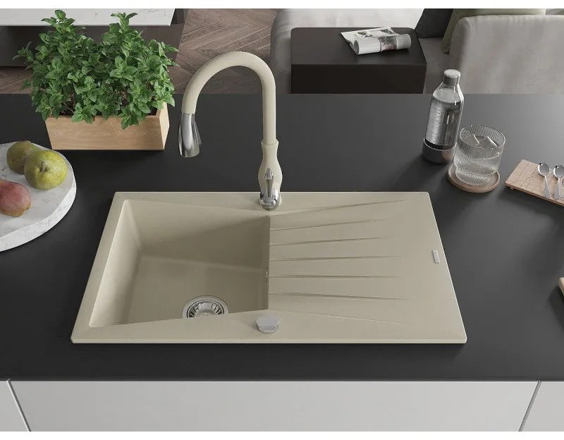 Mexen Cesar, 1-komorový granitový drez 775x470x190 mm a drezová batéria Savita, béžová, 6514-69-672601-69