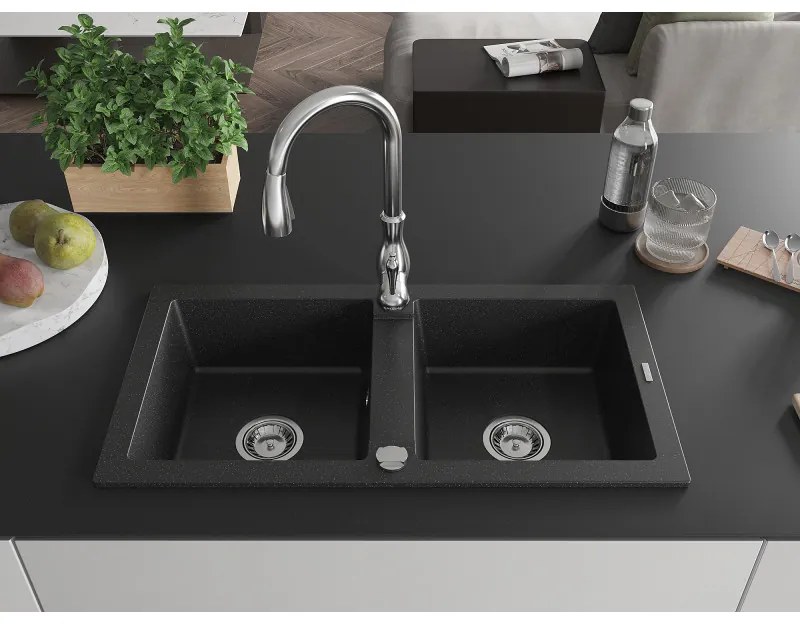 Mexen Mario, 2-komorový granitový drez 820x436x161 mm a drezová batéria Savita, čierna-strieborná metalíza, 6504-73-672601-00