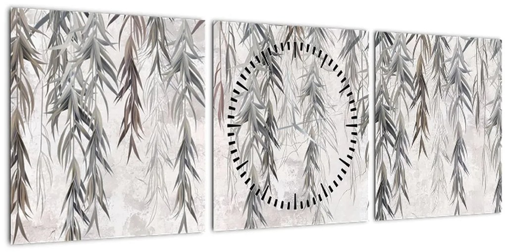 Obraz - Vŕbové vetvičky v šedej omietke (s hodinami) (90x30 cm)