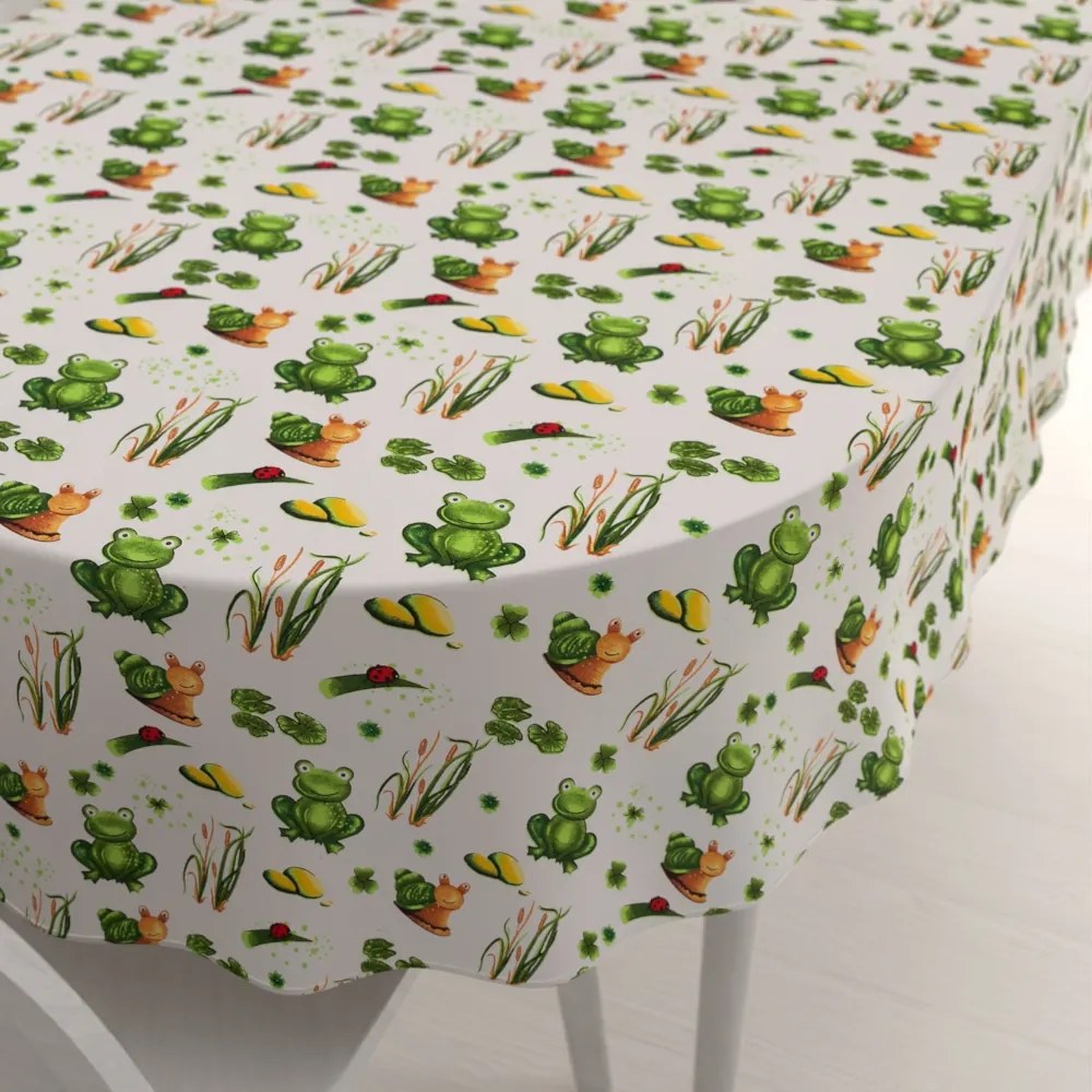 Biante Detský bavlnený oválny obrus Sandra SA-609 Žabky a slimáky na bielom 50x100 cm