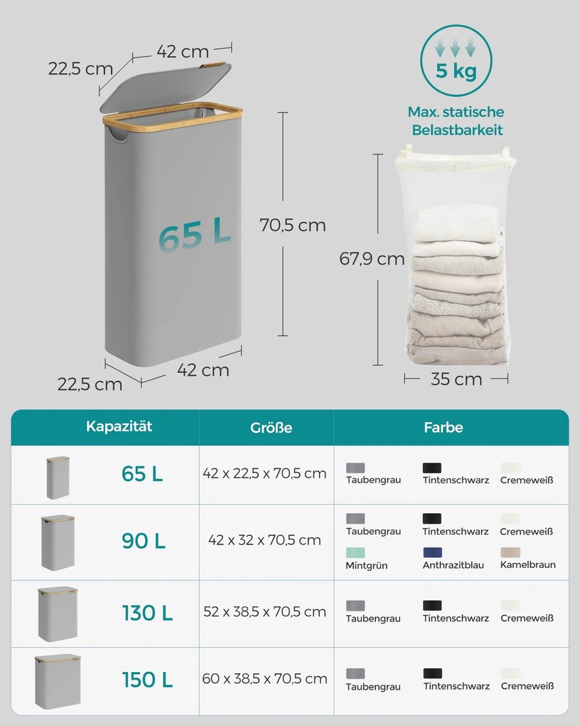 Kôš na prádlo s viečkom, úzky kontajner na prádlo 65 L, 42 x 22,5 x 70,5 cm, holubia šedá