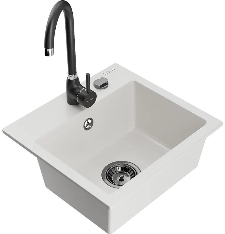 Mexen Milo, 1-komorový granitový drez 435x410x171 mm a čierna batéria Telma, biela, 6505-20-670200-70