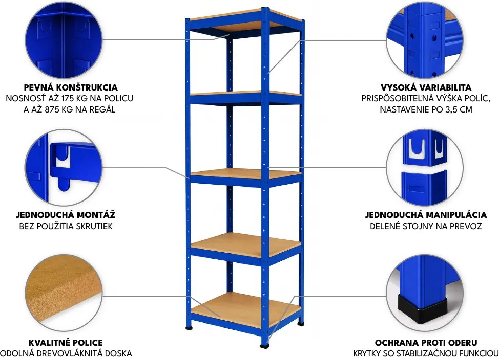Akcia 10x Regál 180x40x40 cm lakovaný 5-policový, nosnosť 875 kg - modrý